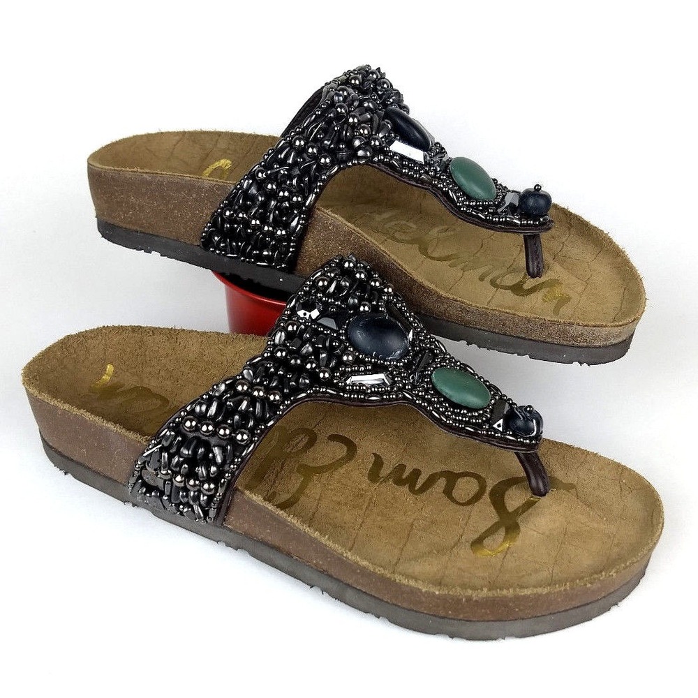 NEW Sam Edelman Annalee Pewter Beaded Leather Sandals Slides Thongs Shoes 6 $129